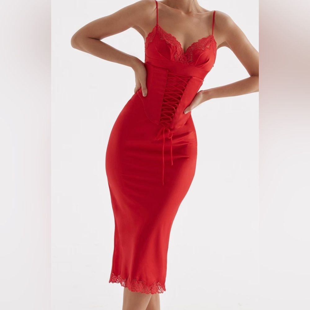 House of CB Red Lace-Trim Corset Midi Dress - Picture 8 of 8